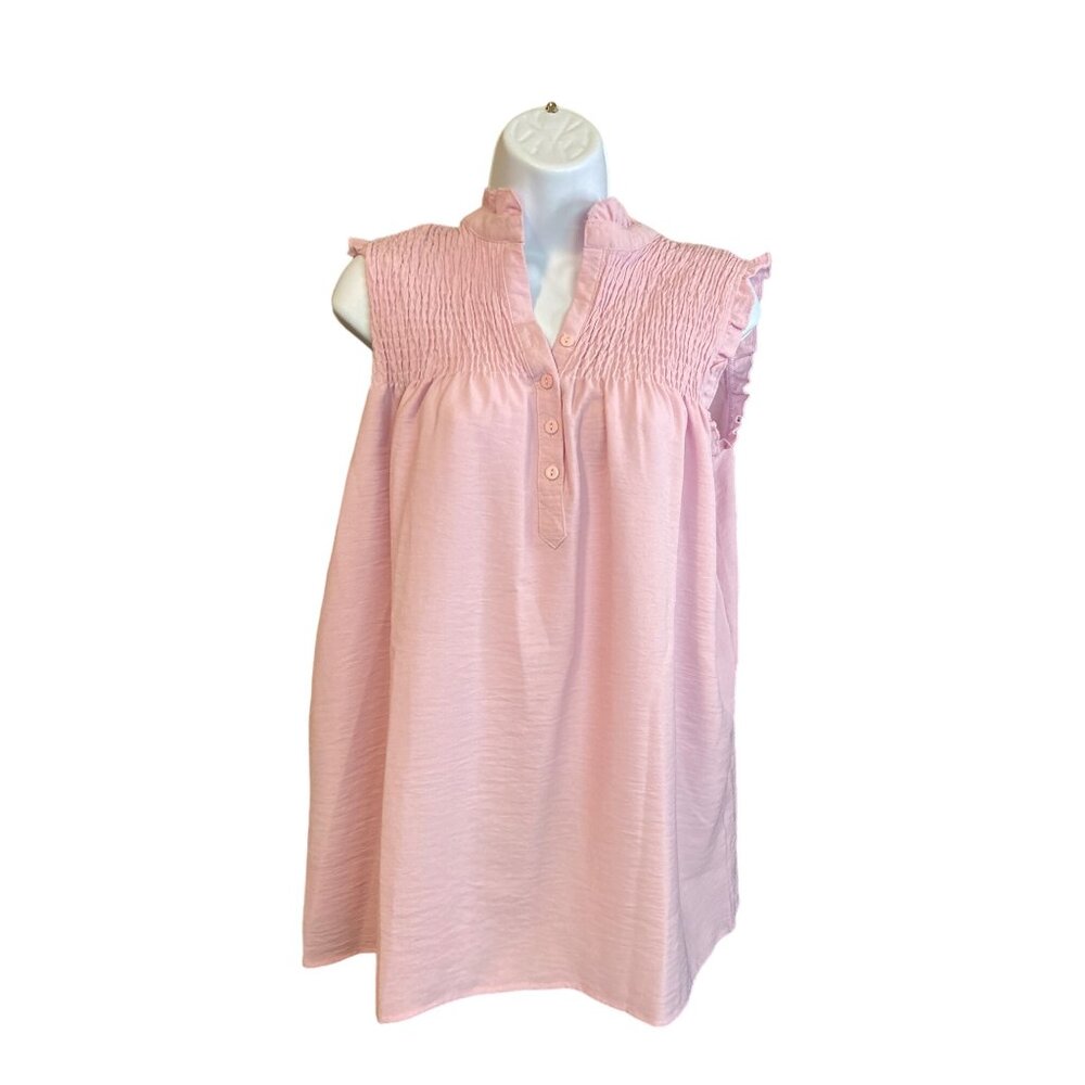 Womens Pink Tunic Top XL Smocked Sleeveless Ruffle Trim Pleated Y2K Boho